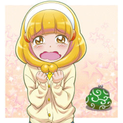 Rule 34 | 10s, 1girl, aritou, blonde hair, blush, brown eyes, cardigan, coin purse, eyelashes, hairband, kise yayoi, long hair, open mouth, precure, smile precure!, solo, tears, wavy mouth, white hairband