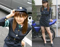 Rule 34 | 1girl, armband, asian, day, green armband, motor vehicle, motorcycle, photo (medium), police, vehicle