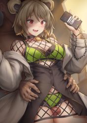 Rule 34 | 1boy, 1girl, absurdres, between thighs, bikini, black shorts, blush, breasts, brown hair, cellphone, censored, chain, cleavage, coat, commission, double bun, girls&#039; frontline, green bikini, green nails, hair bun, hair ornament, hands up, highres, holding, holding phone, long sleeves, looking down, medium breasts, medium hair, mingke, mosaic censoring, nail polish, off shoulder, official alternate costume, open mouth, p90 (girls&#039; frontline), p90 (the girl from b.e.l) (girls&#039; frontline), penis, phone, pixiv commission, red eyes, short shorts, shorts, smartphone, smile, solo focus, swimsuit, thigh sex, torso grab, white coat