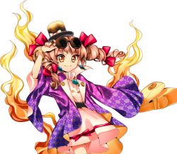 Rule 34 | 1girl, antinomy of common flowers, bag, bow, bracelet, closed mouth, collar, cowboy shot, dress, drill hair, earrings, eyewear on head, fire, frilled collar, frills, hair bow, handbag, harukawa moe, hat, holding, holding bag, jewelry, necklace, official art, ring, round eyewear, smile, solo, top hat, touhou, transparent background, twin drills, white dress, wide sleeves, yorigami jo&#039;on