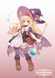 Rule 34 | 1girl, absurdres, animal, artist request, bandaid, bandaid on knee, bandaid on leg, black cat, blonde hair, blush, boots, cat, child, english text, flat chest, gloves, gradient background, hair between eyes, hairband, highres, holding, little witch nobeta, long hair, looking at viewer, nobeta, phyllis (cat) (little witch nobeta), phyllis (little witch nobeta), red eyes, smile, thighhighs, wand, white gloves, witch