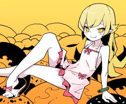 Rule 34 | 1girl, akableak, arm support, bare shoulders, blonde hair, blush stickers, bracelet, closed mouth, doughnut, dress, fang, fang out, food, highres, jewelry, knee up, long hair, looking at viewer, monogatari (series), oshino shinobu, pointy ears, sandals, sitting, smile, solo, white footwear, yellow eyes