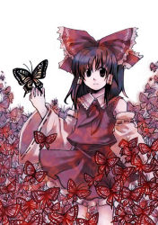 Rule 34 | 1girl, black hair, blouse, bug, butterfly, butterfly on hand, cowboy shot, female focus, hakurei reimu, insect, japanese clothes, miko, red shirt, red theme, shirt, skirt, solo, tako (plastic protein), touhou, white background