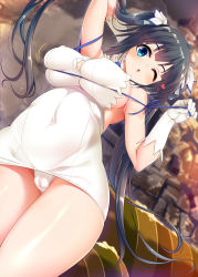 Rule 34 | 10s, 1girl, arms up, black hair, blue eyes, breasts, cameltoe, cleavage, cleavage cutout, clothing cutout, couch, dragonmaterial, dress, dungeon ni deai wo motomeru no wa machigatteiru darou ka, female focus, gloves, hair ribbon, hestia (danmachi), highres, large breasts, long hair, looking at viewer, one eye closed, open mouth, panties, rei no himo, ribbon, solo, twintails, underwear, white dress, white gloves, white panties