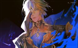 15002sou 1boy bishounen blonde_hair blue_eyes closed_mouth collar dainsleif_(genshin_impact) genshin_impact male_focus mask one_eye_closed short_hair simple_background solo upper_body