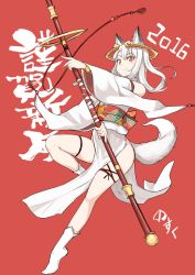 Rule 34 | 10s, 1girl, 2016, animal ears, bare legs, clothing cutout, detached sleeves, fox ears, fox tail, highres, japanese clothes, long hair, looking at viewer, no shoes, nosuku, obi, original, red background, red eyes, sash, side cutout, smile, solo, tail, white hair