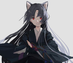 Rule 34 | 1girl, animal ears, arknights, black hair, black shirt, commentary, dog ears, elite ii (arknights), extra ears, facial mark, forehead mark, grey background, japanese clothes, long hair, looking at viewer, red eyes, saga (arknights), shirt, simple background, solo, tocotaro, upper body