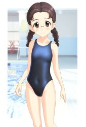 Rule 34 | 1girl, absurdres, black hair, blue one-piece swimsuit, braid, brown eyes, collarbone, competition swimsuit, covered navel, cowboy shot, flat chest, forehead, fukuda haru, girls und panzer, glasses, highres, long hair, looking at viewer, one-piece swimsuit, pool, poolside, solo, standing, swimsuit, takafumi, twin braids, twintails