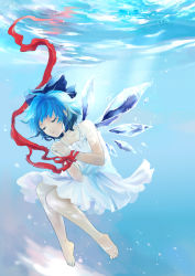 Rule 34 | 1girl, barefoot, blue hair, bow, cirno, dress, closed eyes, hair bow, nataku39, own hands together, ribbon, short hair, solo, tears, touhou, underwater, wings, wrist ribbon