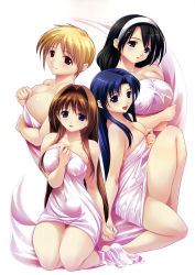 Rule 34 | 4girls, :d, :o, absurdres, bare shoulders, barefoot, bed sheet, black hair, blonde hair, blue eyes, blue hair, blush, breasts, brown hair, cleavage, clenched hand, covered navel, crossed arms, fujieda ayame, futa ane, hair intakes, hairband, happy, highres, hip focus, huge filesize, knee up, kneeling, large breasts, light smile, long hair, looking at viewer, medium breasts, multiple girls, naked sheet, official art, open mouth, red eyes, scan, shinonome kazuhiko, short hair, sideboob, sidelocks, simple background, sitting, smile, takachiho wakaba, thighs, towel, white background, yamashiro haruka, yamashiro mikoto