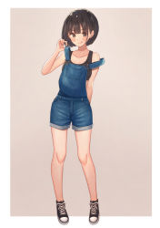 Rule 34 | 1girl, :p, bad id, bad pixiv id, bare legs, black eyes, black footwear, black hair, black tank top, bob cut, highres, looking at viewer, original, overall shorts, overalls, shoes, short hair, shorts, smile, sneakers, solo, tanbonota46, tank top, tongue, tongue out