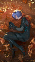 Rule 34 | 1girl, absurdres, ayanami rei, black bodysuit, blue hair, bodysuit, breasts, cola-alter, disembodied hand, evangelion: 3.0 you can (not) redo, from above, full body, hair between eyes, highres, holding, looking at viewer, lying, medium breasts, neon genesis evangelion, on side, plugsuit, rebuild of evangelion, red eyes, short hair, solo focus