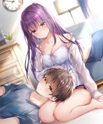 Rule 34 | 1boy, 1girl, absurdres, bare shoulders, barefoot, blue shirt, blush, breasts, brown eyes, brown hair, camisole, carpet, chest of drawers, cleavage, clock, closed mouth, collarbone, couch, dutch angle, higeneko, highres, indoors, jacket, lap pillow, long hair, long sleeves, looking at another, lying, medium breasts, off shoulder, on back, original, plant, potted plant, purple eyes, purple hair, seiza, shirt, short hair, short sleeves, sitting, smile, spaghetti strap, t-shirt, white camisole, white jacket
