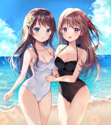 Rule 34 | 2girls, :d, :o, bare arms, bare shoulders, blue eyes, blue sky, blush, breasts, brown hair, casual one-piece swimsuit, cherry hair ornament, cleavage, cloud, collarbone, commentary request, covered navel, day, flower, food-themed hair ornament, hair flower, hair ornament, highres, horizon, long hair, looking at viewer, mayo (miyusa), medium breasts, multiple girls, ocean, one-piece swimsuit, one side up, open mouth, original, outdoors, parted lips, purple eyes, sky, smile, standing, swimsuit, very long hair, water, white flower