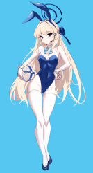 Rule 34 | 1girl, absurdres, animal ears, ball, bare shoulders, blonde hair, blue archive, blue background, blue bow, blue bowtie, blue eyes, blue hairband, bow, bowtie, braid, breasts, cleavage, closed mouth, covered navel, detached collar, dintea, fake animal ears, full body, hairband, halo, hand on own hip, highres, holding, holding ball, leotard, long hair, looking at viewer, medium breasts, playboy bunny, rabbit ears, simple background, sleeves past wrists, solo, standing, thighhighs, toki (blue archive), toki (bunny) (blue archive), very long hair, white thighhighs