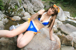 Rule 34 | bikini, igarashi nao (model), kasumi (doa), photo (medium), river, rocks, sitting, swimsuit