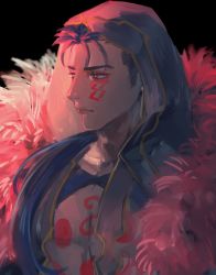 Rule 34 | 1boy, black background, blue hair, bodypaint, close-up, closed mouth, cu chulainn (fate), cu chulainn (fate) (all), cu chulainn (fate/stay night), cu chulainn alter (fate), cu chulainn alter (fate/grand order), dark blue hair, dark persona, earrings, facepaint, fate/grand order, fate (series), fur, highres, hood, hood up, jewelry, lancer, long hair, looking to the side, male focus, ponytail, red eyes, simple background, solo, tkc (tkoshinchan)