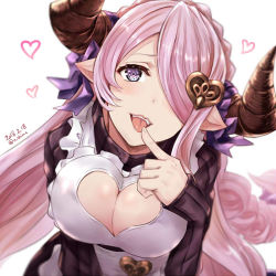 Rule 34 | 1girl, apron, black sweater, blue eyes, blush, bow, braid, breasts, cleavage, cleavage cutout, clothing cutout, dated, draph, finger to mouth, frills, granblue fantasy, hair bow, hair ornament, hair over one eye, heart, heart-shaped pupils, heart cutout, heart hair ornament, horns, large breasts, light purple hair, long hair, looking at viewer, low tied hair, nabeshima tetsuhiro, narmaya (granblue fantasy), narmaya (valentine) (granblue fantasy), open mouth, pointy ears, ribbed sweater, simple background, single braid, solo, sweater, symbol-shaped pupils, teeth, tongue, tongue out, turtleneck, turtleneck sweater, twitter username, white background