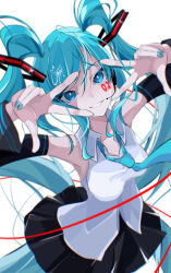 Rule 34 | 1girl, absurdres, aqua hair, aqua nails, armpits, arms up, black skirt, black sleeves, blue eyes, breasts, bright pupils, colored eyelashes, commentary, cowboy shot, detached sleeves, double w, facial tattoo, goma irasuto, hatsune miku, head tilt, highres, long hair, looking at viewer, medium breasts, microphone, nail polish, number tattoo, shirt, signature, simple background, skirt, sleeveless, sleeveless shirt, smile, solo, tattoo, twintails, very long hair, vocaloid, w, w over eye, white background, white pupils, white shirt