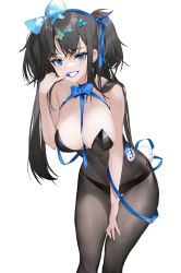 Rule 34 | 1girl, absurdres, bare shoulders, between breasts, black bodysuit, black hair, black panties, blue bow, blue eyes, blue nails, blue ribbon, blush, bodysuit, bow, breasts, cleavage, collarbone, commentary, cowboy shot, fake tail, fangs, grandia lee, grin, hair between eyes, hair bow, hair ornament, hair ribbon, hairclip, hand on own thigh, highres, large breasts, leaning forward, long hair, looking at viewer, nail polish, original, panties, parted lips, rabbit tail, ribbon, sideboob, sidelocks, simple background, slit pupils, smile, solo, standing, symbol-only commentary, tail, twintails, two side up, underwear, white background