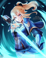 Rule 34 | 1girl, absurdres, alina l, black bow, black gloves, black shirt, blonde hair, blue capelet, blue eyes, bow, breasts, capelet, elbow gloves, gauntlets, genshin impact, gloves, high ponytail, highres, holding, holding sword, holding weapon, jean (genshin impact), jean (gunnhildr&#039;s legacy) (genshin impact), juliet sleeves, long hair, long sleeves, looking at viewer, medium breasts, official alternate costume, puffy sleeves, shirt, skyward blade (genshin impact), smile, sword, weapon