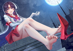 Rule 34 | 1girl, absurdres, barefoot, bishoujo senshi sailor moon, commission, crossed legs, elbow gloves, feet, foot focus, foreshortening, gloves, highres, hino rei, long hair, looking at viewer, moon, nail polish, night, night sky, parted lips, pixiv commission, purple eyes, purple hair, sailor mars, senyahiro, shoe dangle, shoes, single shoe, sitting, sky, soles, toes