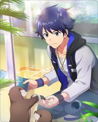 Rule 34 | 1boy, armband, blue eyes, blue hair, collarbone, fingernails, hair between eyes, holding paw, hood, hoodie, idolmaster, idolmaster side-m, idolmaster side-m growing stars, jacket, jewelry, male focus, necklace, official art, otter, sea otter, shoes, smile, sneakers, taiga takeru, whiskers