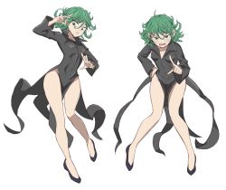 Rule 34 | 1girl, bare legs, black dress, black footwear, blush, breasts, covered navel, dress, flowers-imh, full body, green eyes, green hair, hand on own hip, highres, long sleeves, looking at viewer, multiple views, one-punch man, open mouth, pelvic curtain, pointing, pointing at viewer, shoes, short hair, side slit, simple background, small breasts, sweatdrop, tatsumaki, taut clothes, thighs, white background, wing collar
