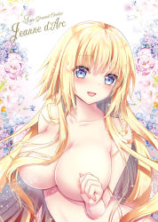Rule 34 | 1girl, blonde hair, blue eyes, breasts, cleavage, commentary request, convenient censoring, fate/grand order, fate (series), floral background, geko, jeanne d&#039;arc (fate), jeanne d&#039;arc (ruler) (fate), large breasts, long hair, open mouth, solo, title, upper body