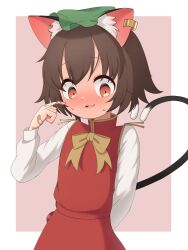 Rule 34 | 1girl, absurdres, animal ear fluff, animal ear piercing, animal ears, arm behind back, asakura haru, bandaid, bandaid on hand, blush, bow, bowtie, box, brown eyes, brown hair, cat ears, cat tail, chen, commentary request, cowboy shot, earrings, flat chest, flustered, full-face blush, green hat, hand up, hat, heart, heart tail, highres, holding, holding box, jewelry, long sleeves, looking down, mob cap, multiple tails, nekomata, nervous, parted lips, petite, puffy long sleeves, puffy sleeves, purple background, red skirt, red vest, short hair, simple background, single earring, skirt, skirt set, smle, solo, sweat, tail, touhou, two tails, valentine, vest, yellow bow, yellow bowtie