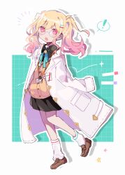 Rule 34 | !, 1girl, :o, aqua background, aqua ribbon, bespectacled, black shirt, black skirt, blonde hair, blush, breast pocket, buttons, cardigan, charm (object), coat, collared shirt, colored tips, curly hair, dotted line, drop shadow, full body, get over it. (project sekai), glasses, gradient hair, grey-framed eyewear, grid, grid background, highres, id card, lab coat, lanyard, lapels, loafers, long sleeves, looking at viewer, miniskirt, multicolored hair, neck ribbon, notched lapels, notice lines, open clothes, open coat, open collar, open mouth, pen in pocket, pink eyes, pink hair, pink stripes, pleated skirt, pocket, project sekai, ribbon, robot, round eyewear, sapri, shirt, shoes, single stripe, skirt, sleeves past fingers, sleeves past wrists, socks, solo, spoken exclamation mark, standing, standing on one leg, star (symbol), striped, tenma saki, twintails, two-tone background, unbuttoned, watermark, white background, white coat, white socks, yellow cardigan