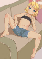 Rule 34 | 1girl, aruman, bad id, bad pixiv id, barefoot, black tank top, blonde hair, blue eyes, blue shorts, bow, brown background, cameltoe, collarbone, commentary, couch, crop top, hair bow, hair ornament, hair ribbon, hairclip, hand on own chest, hand on own thigh, highres, kagamine rin, navel, on couch, pillow, ribbon, short shorts, shorts, solo, spread legs, stomach, swept bangs, tank top, toes, vocaloid, white ribbon