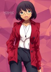 1girl, 9s0ykoyama117, absurdres, bangs, bespectacled, black pants, bob cut, brown hair, casual, character name, commentary request, copyright name, cowboy shot, dark skin, eyebrows visible through hair, girls und panzer, glasses, green eyes, grey-framed eyewear, hand in pocket, highres, hoshino (girls und panzer), jacket, jewelry, long sleeves, looking at viewer, necklace, open clothes, open jacket, open mouth, pants, partial commentary, purple background, red jacket, semi-rimless eyewear, shirt, short hair, smile, solo, standing, under-rim eyewear, white shirt