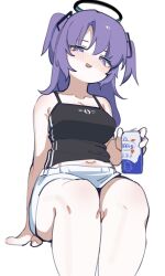 Rule 34 | 1girl, alcohol, alternate costume, beer, beer can, black tank top, blue archive, blush, breasts, can, cleavage, drink can, hair ornament, halo, highres, holding, holding can, hufy, invisible chair, long hair, looking at viewer, medium breasts, nose blush, parted lips, purple eyes, purple hair, simple background, sitting, skirt, solo, tank top, two side up, white background, white skirt, yuuka (blue archive)