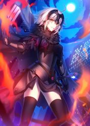Rule 34 | 1girl, armor, armored dress, banner, black armor, black thighhighs, breasts, chain, cloak, cloud, cloudy sky, dress, fate (series), fur-trimmed cloak, fur trim, fuyuki (neigedhiver), gauntlets, grey hair, hair between eyes, headpiece, highres, jeanne d&#039;arc (fate), jeanne d&#039;arc alter (avenger) (fate), jeanne d&#039;arc alter (avenger) (first ascension) (fate), jeanne d&#039;arc alter (fate), large breasts, long dress, long sleeves, looking at viewer, sky, smile, solo, sword, thighhighs, weapon, yellow eyes