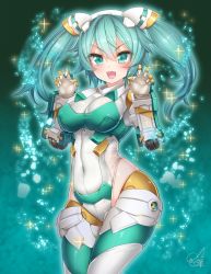 Rule 34 | 1girl, animal hands, aqua eyes, aqua hair, blush, bodysuit, breasts, commentary request, covered erect nipples, covered navel, cowboy shot, desktop army, doyouwantto, fang, frame arms girl, gauntlets, hair between eyes, headgear, highres, legs together, long hair, looking at viewer, mecha musume, medium breasts, open mouth, shiny clothes, shiny skin, signature, skin tight, smile, solo, sparkle, standing, sylphy (desktop army), twintails
