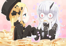 Rule 34 | 2girls, :t, abigail williams (fate), anzu yoshihiro, black bow, black dress, black hat, blonde hair, blue eyes, blush, bow, butter, commentary request, dress, eating, fate/grand order, fate (series), feeding, food, food in mouth, foodgasm, fork, hair between eyes, hair bow, hands on own cheeks, hands on own face, hat, highres, holding, holding fork, horns, lavinia whateley (fate), long hair, long sleeves, multiple girls, orange bow, pancake, parted bangs, parted lips, pink background, polka dot, polka dot background, profile, red eyes, silver hair, single horn, sleeves past wrists, very long hair