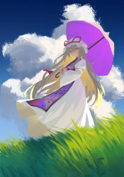 Rule 34 | 1girl, absurdres, blonde hair, blue sky, bow, breasts, closed mouth, cloud, cloudy sky, dress, grass, hair between eyes, hair bow, hat, hat bow, highres, holding, holding umbrella, iranon (new iranon), long hair, long sleeves, looking at viewer, medium breasts, mob cap, puffy sleeves, purple vest, red bow, shadow, sky, smile, solo, standing, tabard, touhou, umbrella, very long hair, vest, white dress, white hat, wide sleeves, yakumo yukari, yellow eyes, yin yang, yin yang print