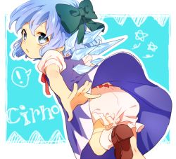 Rule 34 | !, 1girl, bloomers, blue eyes, blue hair, bow, cirno, dress, english text, female focus, hair bow, kurasaki moroko, looking back, matching hair/eyes, open mouth, shoes, short hair, solo, touhou, underwear, wings