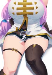 Rule 34 | 1girl, absurdres, arms behind back, belt, black thighhighs, breasts, draph, dress, eutoria, gloves, granblue fantasy, head out of frame, highres, knees, large breasts, long hair, low-tied long hair, miniskirt, narmaya (granblue fantasy), panties, pantyshot, pink hair, simple background, single thighhigh, sitting, skirt, solo, thick thighs, thigh strap, thighhighs, thighs, twintails, underwear, very long hair, white background, zettai ryouiki
