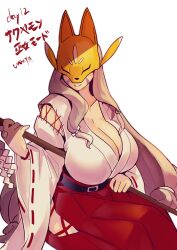Rule 34 | 1girl, belt, breasts, cleavage, digimon, digimon (creature), female focus, fox mask, highres, hip vent, huge breasts, japanese clothes, mask, miko, sakuyamon, sakuyamon miko mode, solo