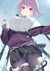 Rule 34 | 1girl, absurdres, aqua bow, aqua bowtie, azur lane, black skirt, blue sky, blush, bow, bowtie, breasts, clenched hand, closed mouth, collared shirt, commentary, cowboy shot, day, gridman universe, hair between eyes, highres, jacket, large breasts, liquid, long sleeves, looking at viewer, miniskirt, off shoulder, oxygen mask (oxygenmask233), panties, panties under pantyhose, pantyhose, pantyshot, pink hair, pleated skirt, purple jacket, purple pantyhose, red eyes, school uniform, shinjou akane, shirt, short hair, sidelocks, skirt, sky, smile, solo, ssss.gridman, standing, sunlight, tentacles, thigh gap, torn clothes, torn pantyhose, underwear, white shirt