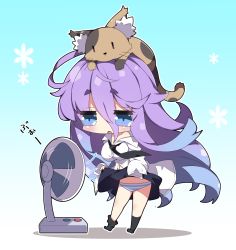 Rule 34 | 1girl, :o, animal, animal on head, black neckwear, black skirt, black socks, blue background, blue eyes, blue hair, blush, breasts, cat, chibi, clothes lift, collared shirt, commentary request, dress shirt, electric fan, fanning crotch, fanning self, full body, fuyou-chan, gradient background, gradient hair, hair between eyes, highres, large breasts, lifted by self, long sleeves, milkpanda, multicolored hair, no shoes, on head, original, panties, parted lips, purple hair, shirt, short eyebrows, skirt, skirt lift, sleeves past fingers, sleeves past wrists, sock pull, socks, solo, standing, striped clothes, striped panties, thick eyebrows, underwear, white background, white shirt