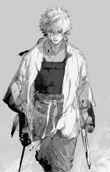 Rule 34 | 1boy, bad id, bad twitter id, belt, gintama, grey background, greyscale, hair between eyes, haori, highres, holding, holding sword, holding weapon, japanese clothes, looking at viewer, male focus, monochrome, pants, parted lips, sakata gintoki, sankomichi, short hair, solo, standing, sword, walking, weapon