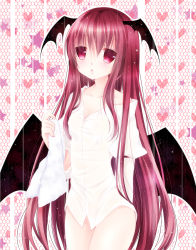 Rule 34 | 1girl, bad id, bad nicoseiga id, bare shoulders, bat wings, bottomless, breasts, collarbone, covered erect nipples, dress shirt, embodiment of scarlet devil, female focus, head wings, koakuma, long hair, mikazuki sara, naked shirt, no pants, off shoulder, red eyes, red hair, shirt, small breasts, solo, touhou, towel, very long hair, wet, wet clothes, wet shirt, wings