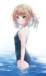 Rule 34 | 1girl, :o, ass, back, blue one-piece swimsuit, blush, competition school swimsuit, covered navel, cowboy shot, double bun, flat chest, hair between eyes, hair bun, highres, kantai collection, light brown hair, looking at viewer, michishio (kancolle), ocean, one-piece swimsuit, retsumaru, ripples, school swimsuit, short twintails, solo, swimsuit, twintails, water, yellow eyes
