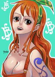 Rule 34 | 1girl, absurdres, breasts, female focus, highres, large breasts, long hair, nami (one piece), one piece, open mouth, orange hair, text focus, tort9