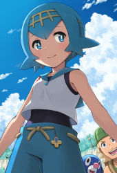 Rule 34 | 1boy, 1girl, alolan exeggutor, alolan form, bare shoulders, beanie, bewear, blonde hair, blue eyes, blue hair, blue sailor collar, blush, breasts, closed mouth, cloud, covered navel, creatures (company), day, game freak, gen 7 pokemon, hairband, half-closed eyes, hashi, hat, highres, hiker (pokemon), lana (pokemon), looking to the side, nintendo, one-piece swimsuit, open mouth, outdoors, pants, pokemon, pokemon (creature), pokemon sm, popplio, sailor collar, sailor shirt, shirt, short hair, sky, sleeveless, sleeveless shirt, small breasts, smile, swimsuit, swimsuit under clothes