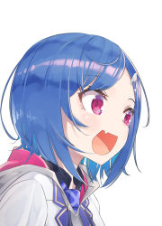 Rule 34 | 12 graka, 1girl, :d, absurdres, blue bow, blue hair, bow, dolphin hair ornament, fang, highres, nijisanji, nishizono chigusa, nishizono chigusa (1st costume), open mouth, pink eyes, short hair, simple background, skin fang, smile, solo, upper body, virtual youtuber, white background