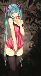 Rule 34 | 1girl, absurdres, amagi mist, apple, aqua eyes, aqua hair, camisole, female focus, food, fruit, hatsune miku, highres, long hair, looking at viewer, open mouth, romeo to cinderella (vocaloid), solo, strap slip, thighhighs, thighs, twintails, very long hair, vocaloid